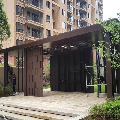 粵藝佰景觀亭3mm厚鋁單板 ，小區(qū)廊架裝飾古銅色鋁板定制，包鋼構(gòu)廊架咖啡色鋁單板廠家免費設(shè)計