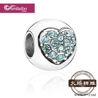 藍色心形大孔合金鉆珠 電鍍白K珠子 時尚高品筑鑲鉆圓珠子